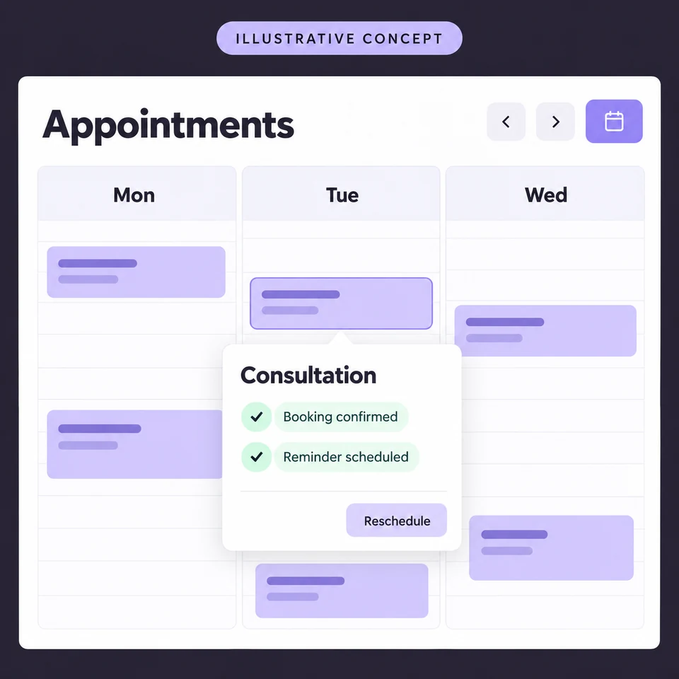 Illustrative appointment calendar with a fictional confirmed consultation and a scheduled reminder.
