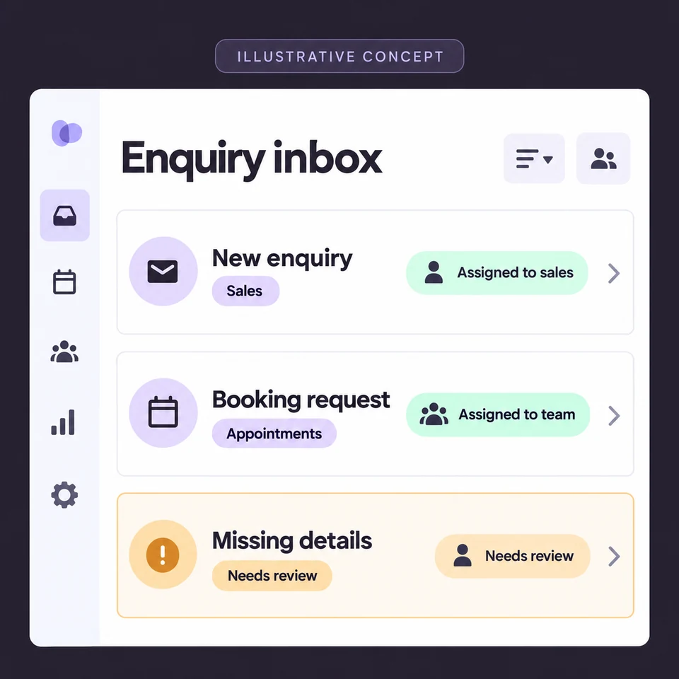 Illustrative enquiry inbox with incoming messages categorized and assigned to sales; incomplete details remain in a review tray.