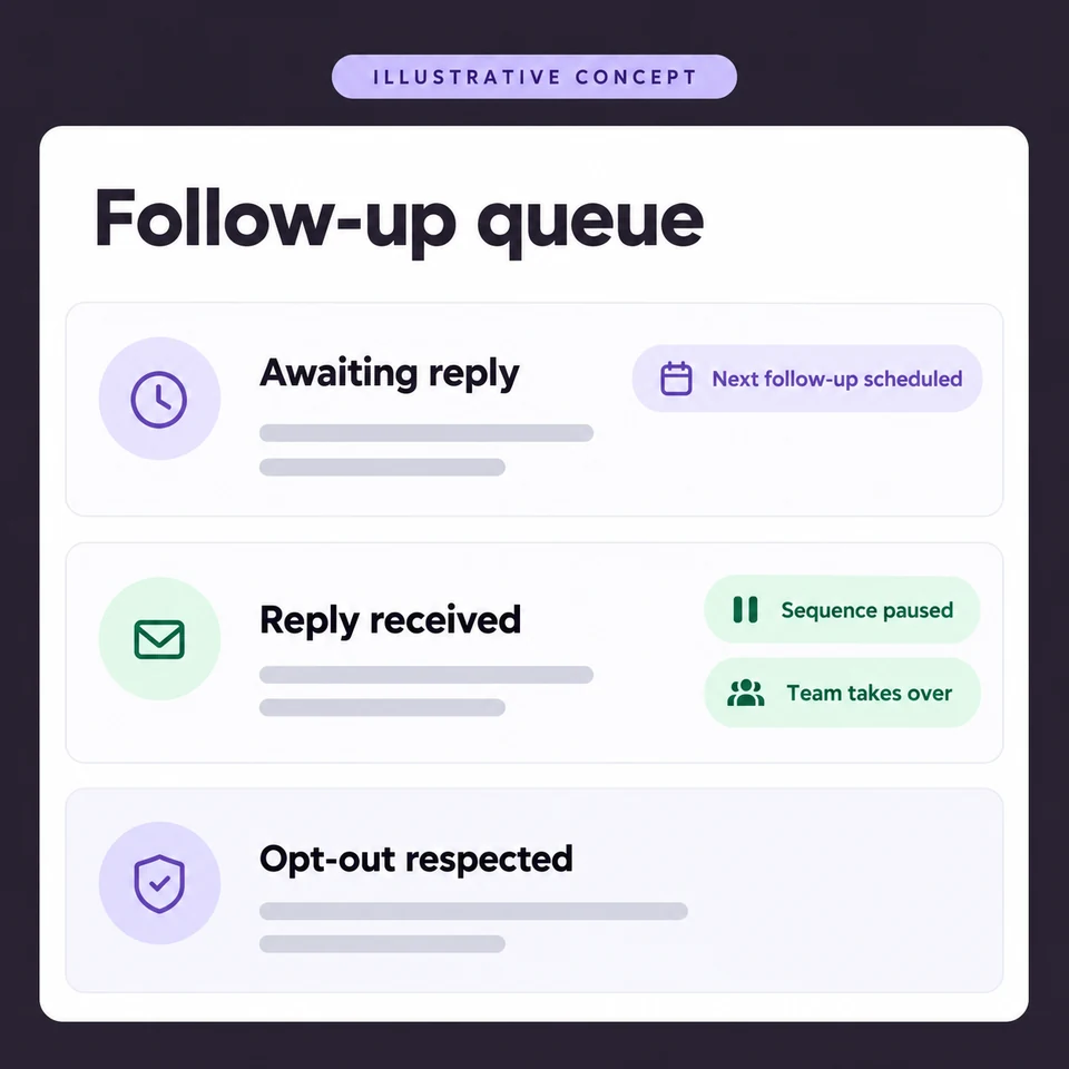 Illustrative follow-up queue with a scheduled message, a sequence paused after a reply, and opt-out respected.