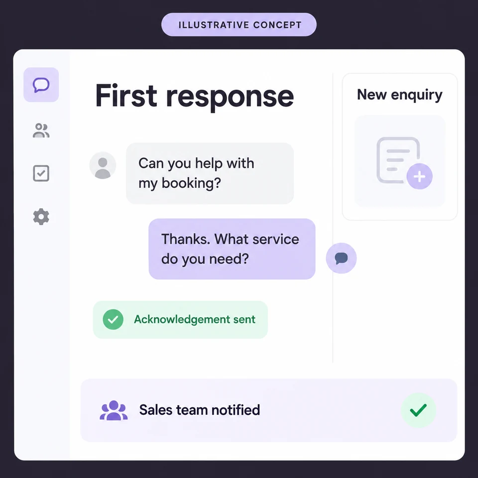 Illustrative first-response conversation with an acknowledgement sent and the sales team notified.