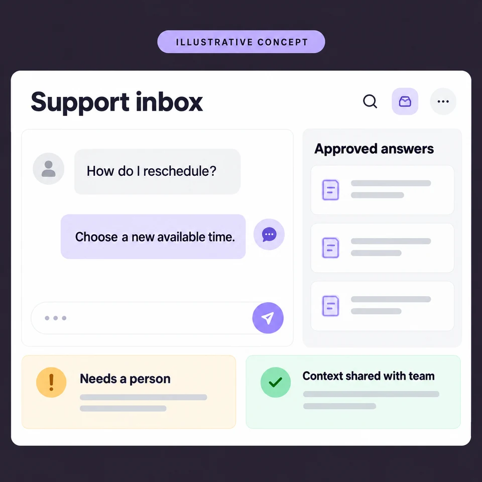 Illustrative support conversation using approved answers and sharing context with a person when more help is needed.